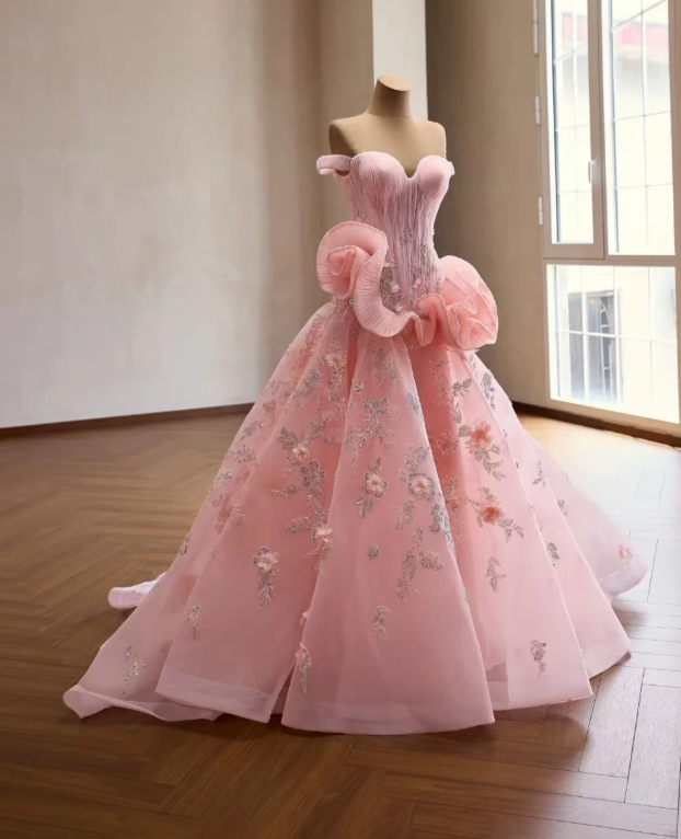 Élégante robe de soirée longue trapèze en tulle à épaules dénudées Rose robe de bal ED08737