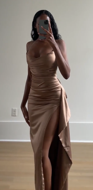 Sexy Satin Sheath Spaghetti Straps Long Evening Dress with Slit ED08743