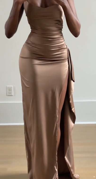 Sexy Satin Sheath Spaghetti Straps Long Evening Dress with Slit ED08743