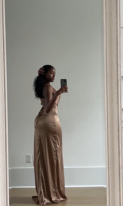 Sexy Satin Sheath Spaghetti Straps Long Evening Dress with Slit ED08743