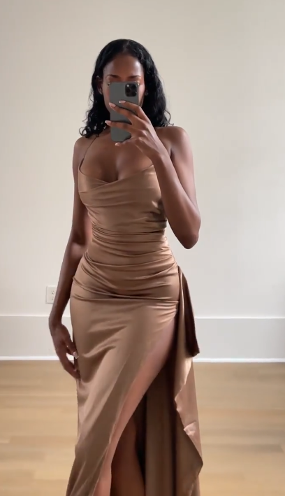 Sexy Satin Sheath Spaghetti Straps Long Evening Dress with Slit ED08743