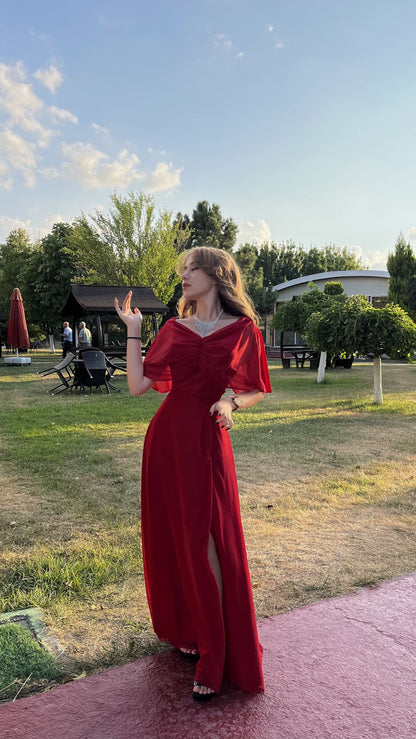 Chic Chiffon Sheath V-neck Long Evening Dress Burgundy Prom Dress ED08744
