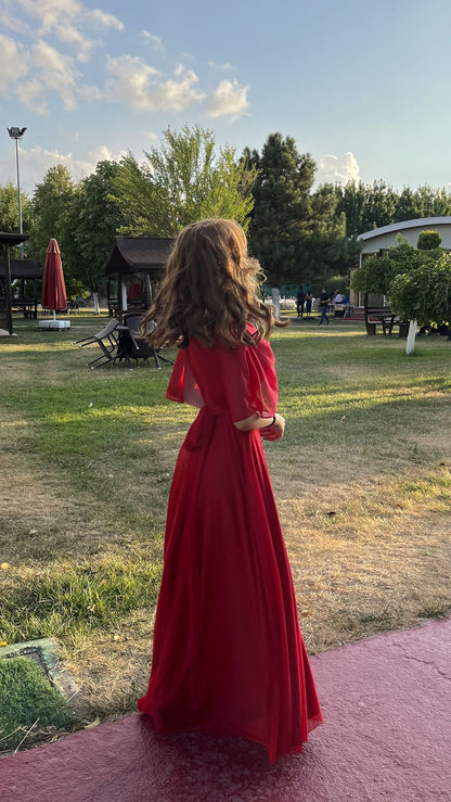Chic Chiffon Sheath V-neck Long Evening Dress Burgundy Prom Dress ED08744