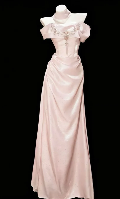Chic Off-shoulder Sheath Satin Long Evening Dress Light Pink Prom Dress ED08745