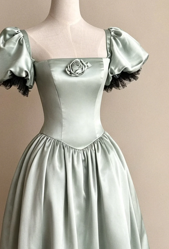 Chic Square Neck A-Line Satin Long Evening Dress Green Prom Dress ED08746