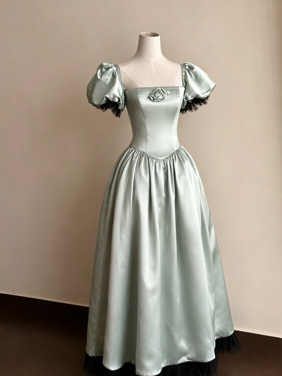 Chic Square Neck A-Line Satin Long Evening Dress Green Prom Dress ED08746