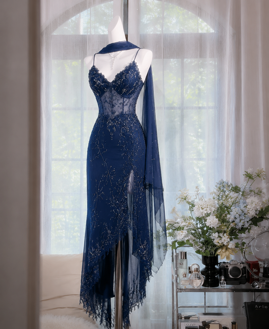 Vintage Spaghetti Straps Sheath Beaded Chiffon Long Evening Dress Navy Blue Prom Dress ED08747