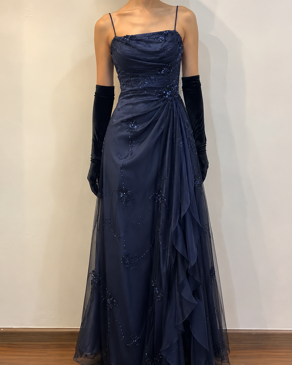 Romantic Spaghetti Straps Sheath Beaded Chiffon Long Evening Dress Navy Blue Prom Dress ED08748