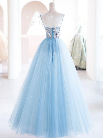 Robe de bal longue en tulle bleu ciel, robe de soirée longue en tulle bleu ED0875