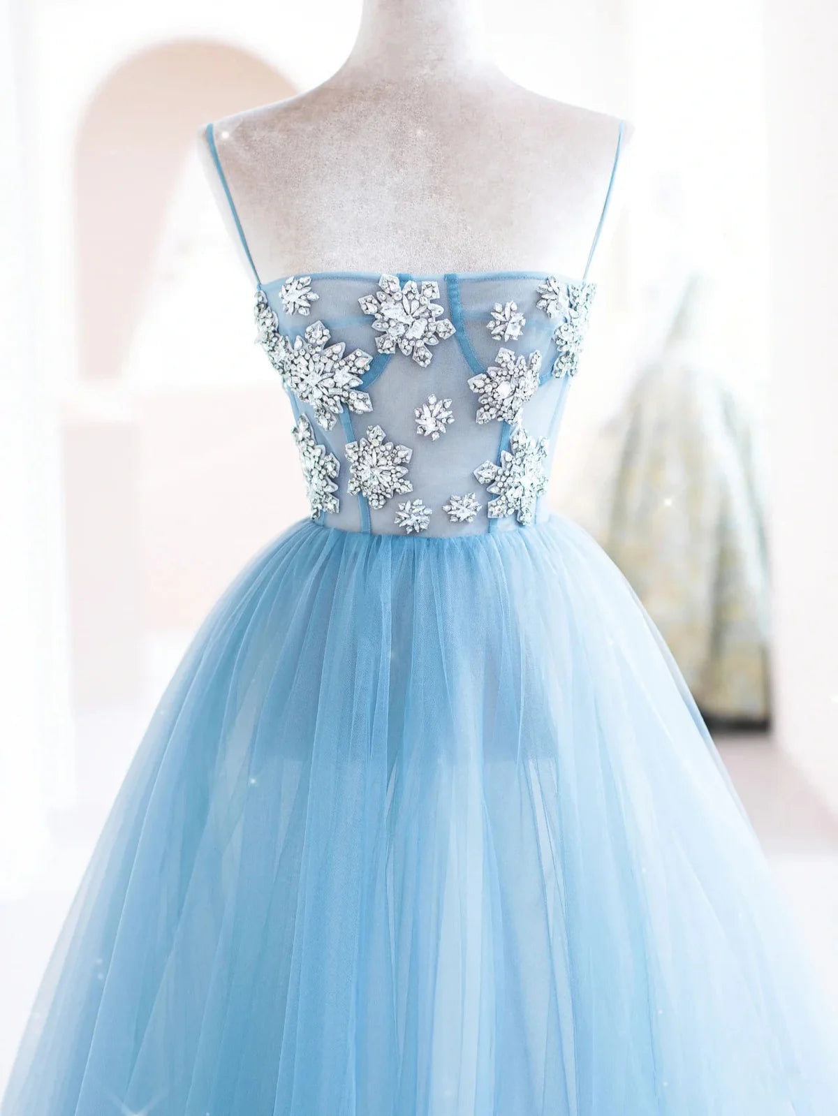 Robe de bal longue en tulle bleu ciel, robe de soirée longue en tulle bleu ED0875