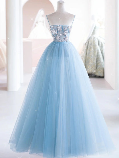 Robe de bal longue en tulle bleu ciel, robe de soirée longue en tulle bleu ED0875
