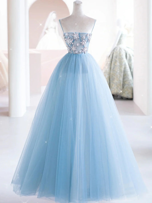 Robe de bal longue en tulle bleu ciel, robe de soirée longue en tulle bleu ED0875