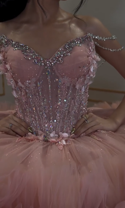 Gorgeous Pink Sweet 16 Dress Sweetheart Ball Gown Quicneanera Dress Tulle Appliques Birthday Dress ED08753