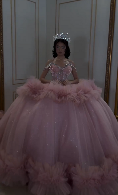 Gorgeous Pink Sweet 16 Dress Sweetheart Ball Gown Quicneanera Dress Tulle Appliques Birthday Dress ED08753