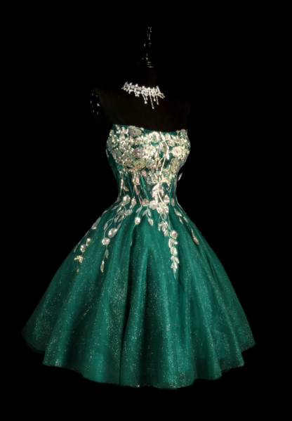 Gorgeous Dark Green Hoco Dress Strapless Birthday Dress Tulle  A-Line Graduation Party Dress ED08756