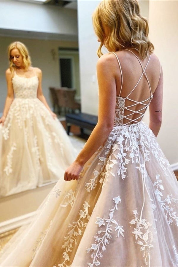Champagne tulle lace long prom dress lace tulle evening dress ED0876