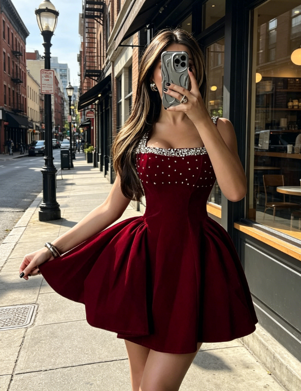 Robe de soirée sexy bordeaux trapèze en satin, robe de soirée d'anniversaire dos nu ED08761