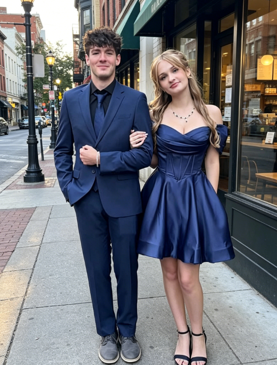 Sexy Navy Blue Hoco Dress A-Line Satin Party Dress Off-shoulder Birthday Dress ED08762