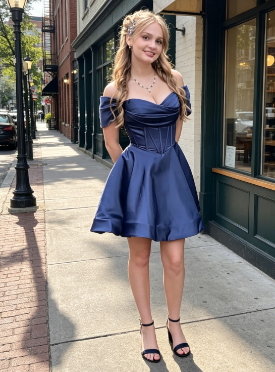 Sexy Navy Blue Hoco Dress A-Line Satin Party Dress Off-shoulder Birthday Dress ED08762
