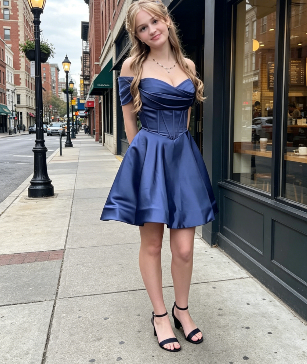 Sexy Navy Blue Hoco Dress A-Line Satin Party Dress Off-shoulder Birthday Dress ED08762
