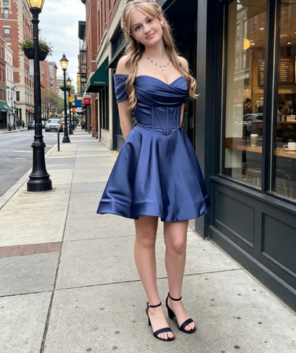 Sexy Navy Blue Hoco Dress A-Line Satin Party Dress Off-shoulder Birthday Dress ED08762