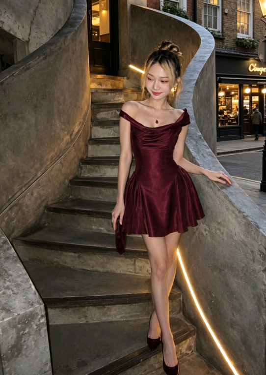 Robe de bal bourgogne sexy, robe de soirée trapèze en satin, robe d'anniversaire à épaules dénudées ED08765