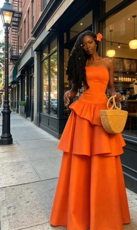 Sexy Strapless A-Line Satin Long Evening Dress Orange Vacation Dress ED08768