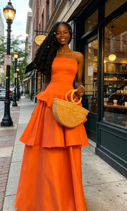 Sexy Strapless A-Line Satin Long Evening Dress Orange Vacation Dress ED08768