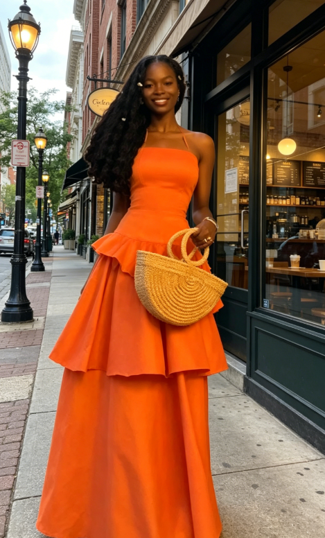Robe de soirée longue trapèze sans bretelles sexy en satin, robe de vacances orange ED08768