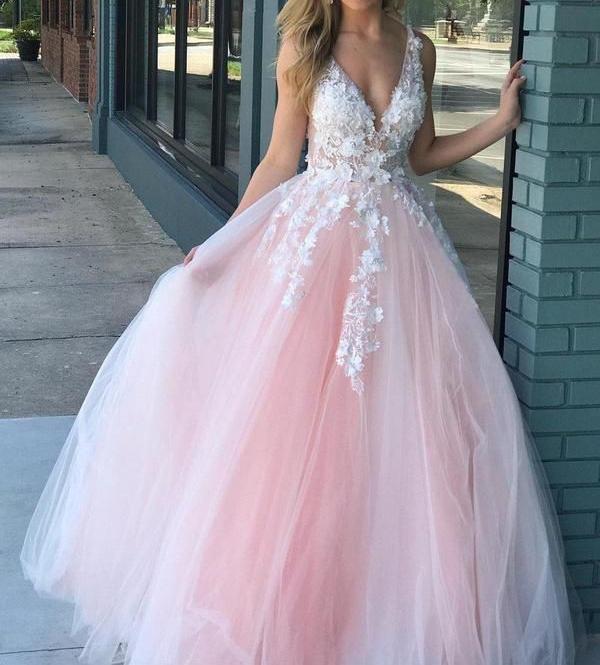 Robe de bal longue en tulle rose à col en V et dentelle, robe de soirée en tulle rose ED0877