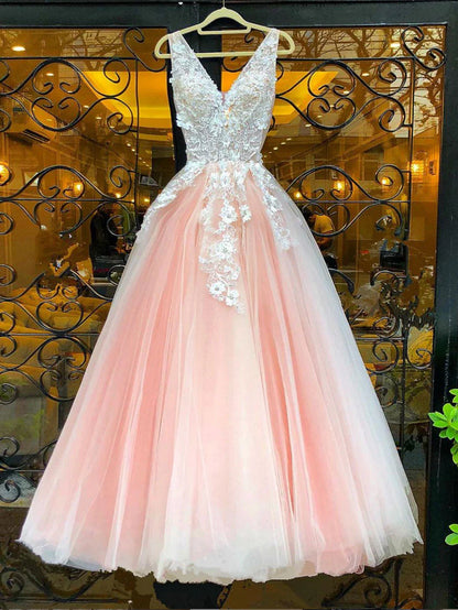 Robe de bal longue en tulle rose à col en V et dentelle, robe de soirée en tulle rose ED0877