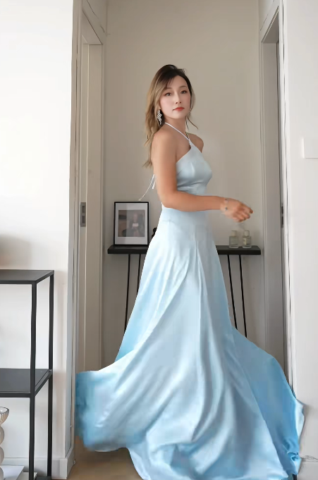 Robe de soirée simple bleu ciel à bretelles spaghetti en satin, robe de bal fourreau ED08774