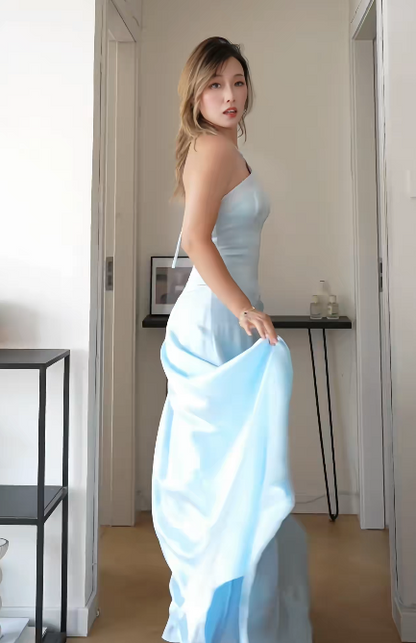 Simple Sky Blue Evening Dress Spaghetti Straps Sheath Satin Prom Dress ED08774