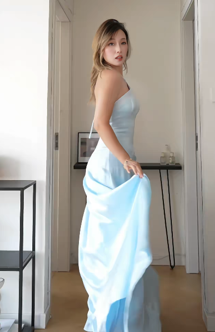 Robe de soirée simple bleu ciel à bretelles spaghetti en satin, robe de bal fourreau ED08774