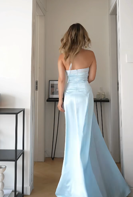 Simple Sky Blue Evening Dress Spaghetti Straps Sheath Satin Prom Dress ED08774