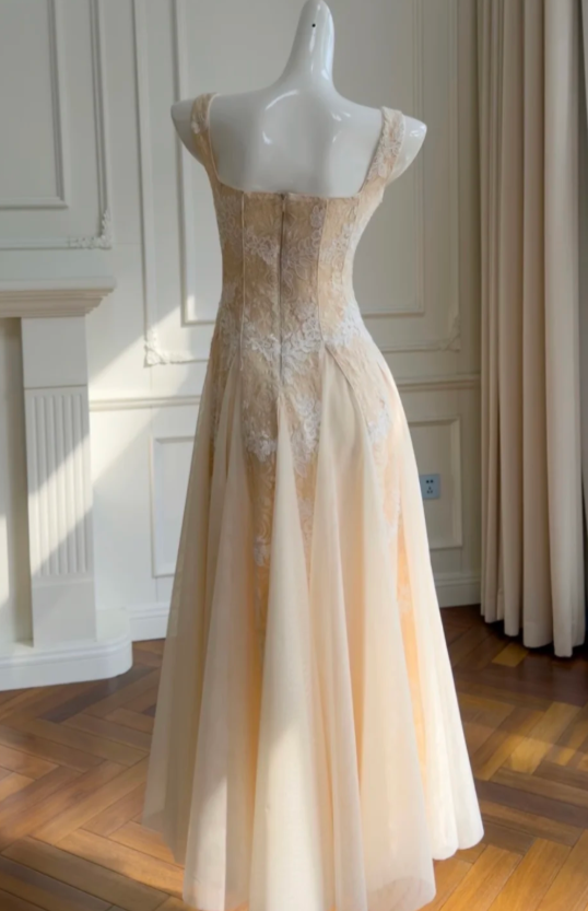 Robe de soirée simple orange pastel à fines bretelles, fourreau en dentelle et tulle, robe de bal ED08775