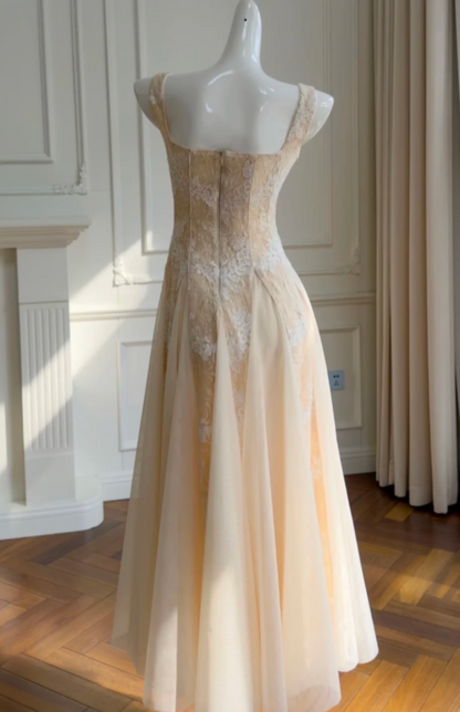 Robe de soirée simple orange pastel à fines bretelles, fourreau en dentelle et tulle, robe de bal ED08775