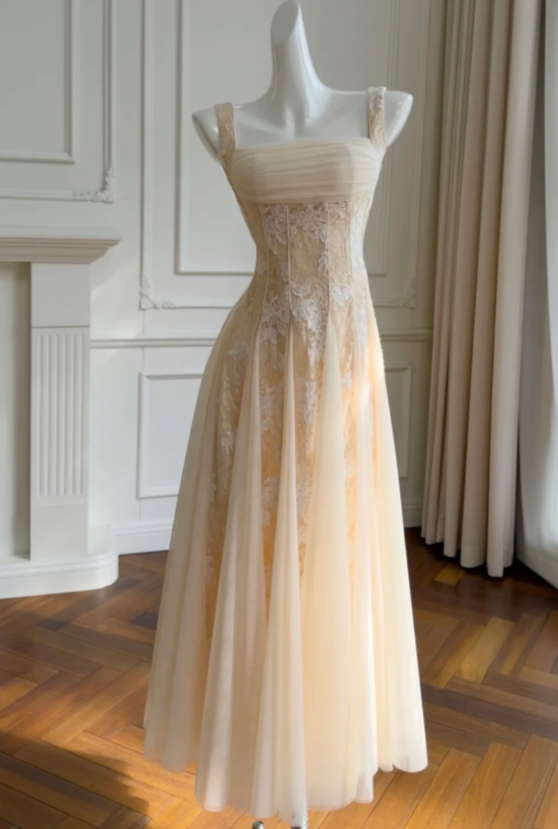 Robe de soirée simple orange pastel à fines bretelles, fourreau en dentelle et tulle, robe de bal ED08775