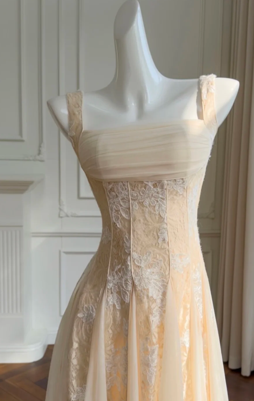Robe de soirée simple orange pastel à fines bretelles, fourreau en dentelle et tulle, robe de bal ED08775