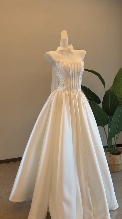 Simple White Wedding Dress Strapless A-Line Bridal Gown Satin Bridal Dress ED08776