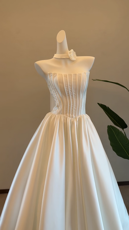 Simple White Wedding Dress Strapless A-Line Bridal Gown Satin Bridal Dress ED08776
