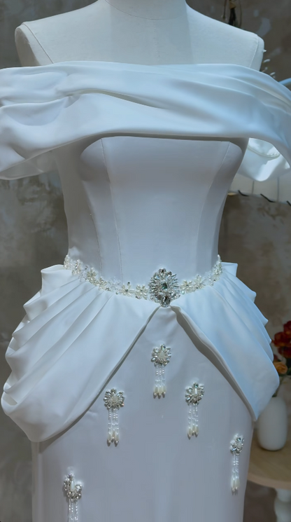 Simple White Wedding Dress Off-shoulder Mermaid Bridal Gown Satin Bridal Dress ED08777