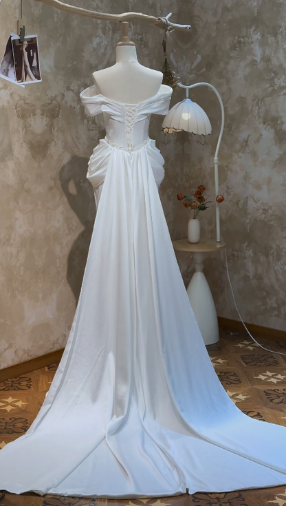Simple White Wedding Dress Off-shoulder Mermaid Bridal Gown Satin Bridal Dress ED08777