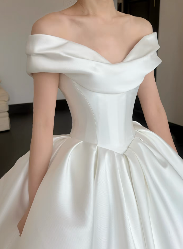 Simple White Wedding Dress Off-shoulder A-Line Bridal Gown Satin Bridal Dress ED08779