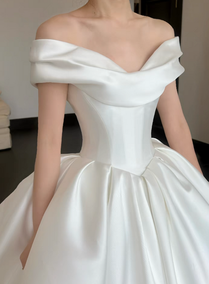 Simple White Wedding Dress Off-shoulder A-Line Bridal Gown Satin Bridal Dress ED08779