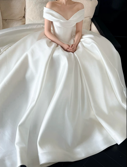 Simple White Wedding Dress Off-shoulder A-Line Bridal Gown Satin Bridal Dress ED08779