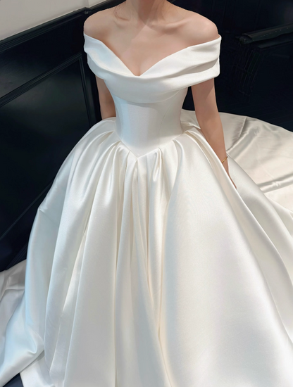 Simple White Wedding Dress Off-shoulder A-Line Bridal Gown Satin Bridal Dress ED08779