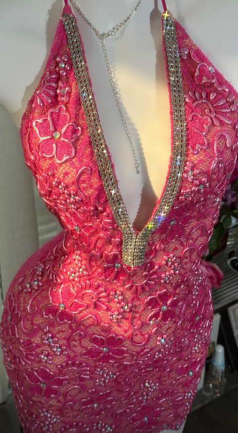 Sexy Hot Pink Birthday Dress Beaded Chiffon Sheath Graduation Party Dress V-neck Hoco Dress ED08785