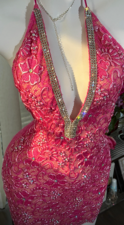 Sexy Hot Pink Birthday Dress Beaded Chiffon Sheath Graduation Party Dress V-neck Hoco Dress ED08785