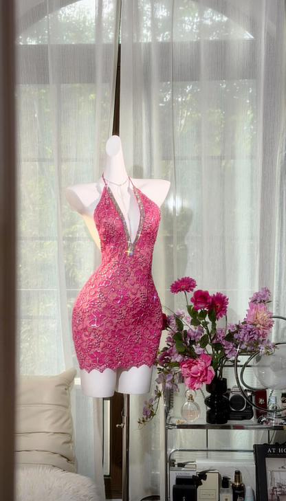 Sexy Hot Pink Birthday Dress Beaded Chiffon Sheath Graduation Party Dress V-neck Hoco Dress ED08785